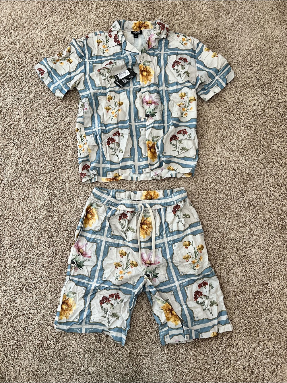 Floral Blue Grid Short Set
